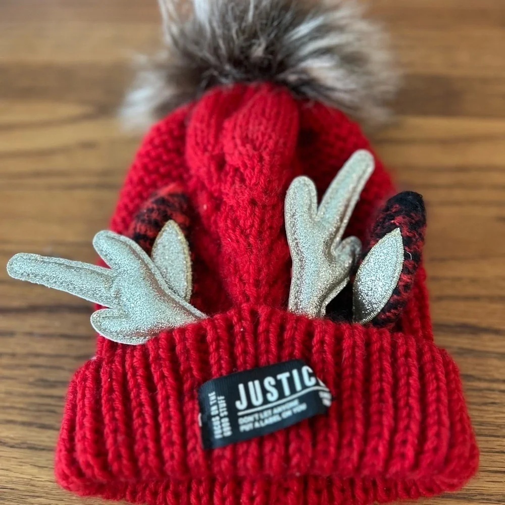 ❤️5 For $20❤️ Justice Red Reindeer Antlers Holiday Beanie Pom Pom   Size Youth